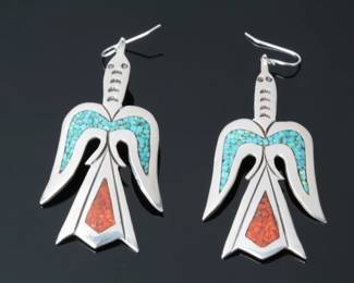 Zuni Sterling Silver Chip Inlay Turquoise & Coral Thunderbird Earrings Hook