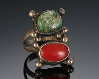 Vintage Navajo Turquoise & Coral Silver Ring Native American Jewelry