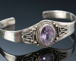 Sterling Silver & Purple Amethyst Cuff Bracelet SZ: 7.25 SOLEM