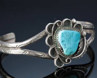 Vintage Navajo Silver & Turquoise Cuff Bracelet SZ: 6 Native American Jewelry