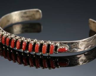 Zuni Coral Row & Silver Cuff Bracelet Native American Jewelry