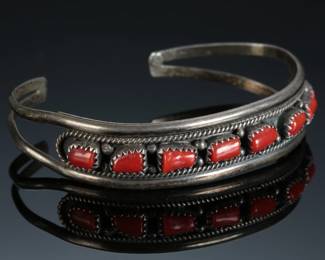 Vintage Navajo Coral & Sterling Silver Cuff Bracelet Singed Native American Jewelry