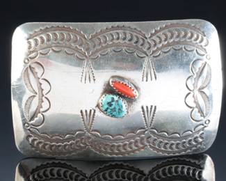 Navajo Hand Stamped Silver Turquoise & Coral Belt Buckle Native American