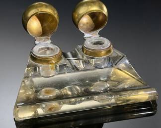 AS-IS Antique Brass & Glass Double Inkwell
