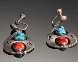 Vintage Navajo Silver, Turquoise, Coral Shadowbox Clip-on Earrings Pair