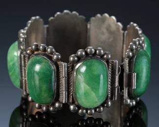 Vintage Mexican Silver & Aventurine Stone Hinged Panel Bracelet
