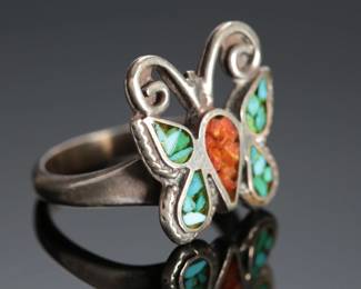 Vintage Native American Chip Turquoise & Coral Butterfly Ring