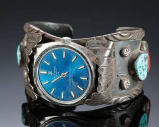 Antique Navajo Silver Turquoise & Coral Watch Cuff Band Signed Native American Jewelry