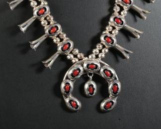 Navajo Ray Begay Sterling Silver & Coral Shadowbox Squash Blossom Necklace Native American Jewelry
