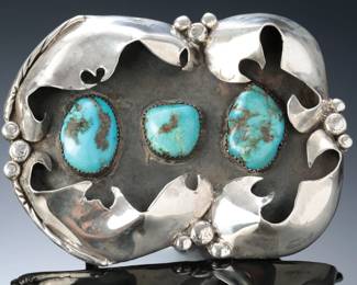 Navajo Sterling Silver & Kingman Turquoise Semi Shadow Box Belt Buckle Native American