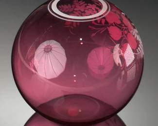 German Vintage Cranberry Glass Floral Ball Vase