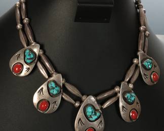 Vintage Navajo Silver Turquoise & Coral Shadowbox Necklace Native American Jewelry