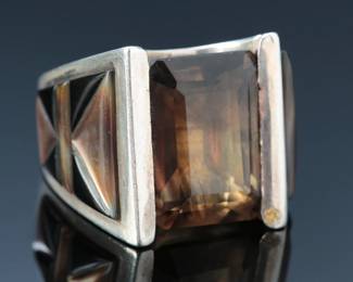 Robert Drozd Sterling & Intricate Smoky Quartz Setting MOP Onyx Ring SZ: 8.25