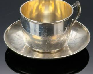 Antique Sterling Silver Butterfly & Flora Coffee Cup & Saucer