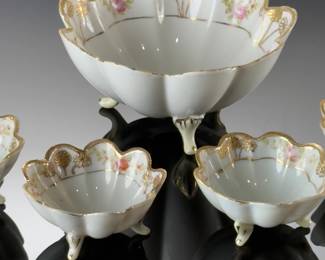Lot of 5 Vtg Nippon Porcelain Moriage Footed Scalloped Gold Edge Bowls