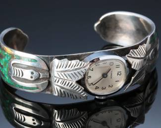 Navajo Peyote Bird Silver Chip Turquoise & Coral Inlay Watch Cuff Ladies