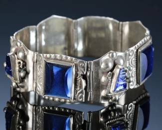 Vintage Mexican Silver &Blue Glass Hinged Panel Bracelet Hecho En Mexico