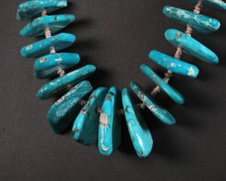 Native American Graduated Turquoise Chunk & Heishi Bead Necklace 26in Long
