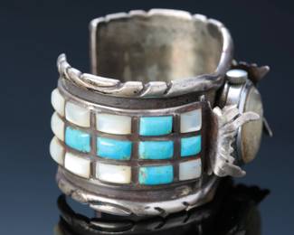 Vintage Navajo Silver Turquoise & MOP Watch Cuff SZ:6 Native American Jewelry