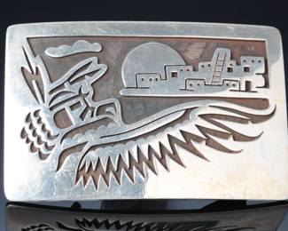 Hopi Mark Tawahongva Silver Overlay Belt Buckle Native American