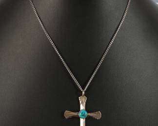 Vintage Navajo Turquoise & Silver Cross Pendant & Necklace Native American Jewelry
