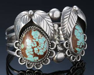 Navajo VERO Sterling Silver & Double Turquoise Stone Cuff Bracelet SZ: 6 Native American Jewelry