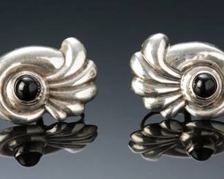 Vintage Mexican Puffy Silver & Onyx Earrings Clip-On