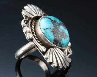 Navajo Patrick Taylor Silver & Blue Moon Turquoise Ring SZ: 5.25 Native American Jewelry