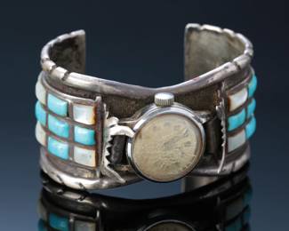 Vintage Navajo Silver Turquoise & MOP Watch Cuff SZ:6 Native American Jewelry