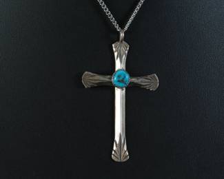 Vintage Navajo Turquoise & Silver Cross Pendant & Necklace Native American Jewelry