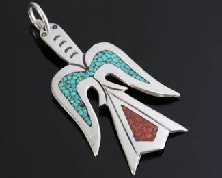 Native American Turquoise & Coral Chip Inlay Peyote Bird Pendant