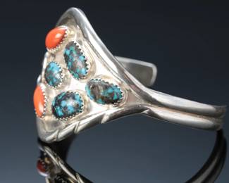 Navajo NETO Sterling Silver Turquoise & Coral Cuff Bracelet SZ: 6.25 Native American Jewelry