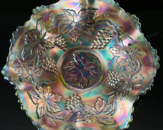 Antique Fenton Carnival Glass Bowl Emerald Vintage Grape Pattern