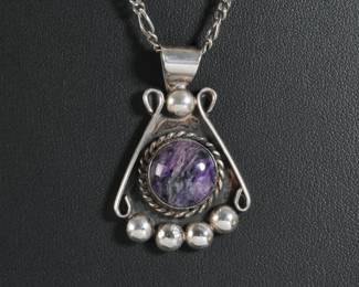 Navajo Willie Saiz Purple Charoite Pendant & Sterling Necklace Native American Jewelry