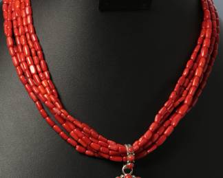 Navajo Leonard Jim Red Coral & Silver Multi Strand Necklace. Native American Jewelry