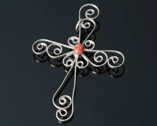 Silver Turquoise & Coral Scroll Work Cross Pendant Reversible