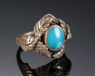 Vintage Navajo Leaf Silver & Turquoise Ring Native American Jewelry