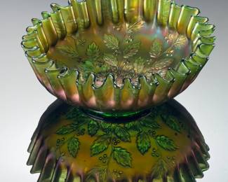Antique Fenton Holly Berry Green Carnival Glass Bowl Crimped Edge