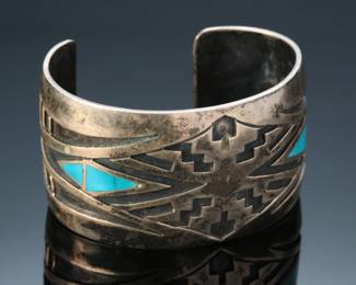 Vintage Navajo Hopi Silver Overlay & Turquoise Inlay Cuff Bracelet SIGNED SZ: 6.75 Native American Jewelry