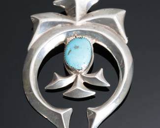 Navajo Sandcast Silver & Sleeping Beauty Turquoise Naja Pendant Brooch Pin Native American Jewelry