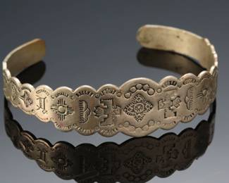 Vintage Native American Harvey Era Silver Plated Copper Stamped Cuff Bracelet Adjustable