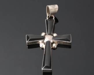 Mexican Sterling Silver & Onyx Cross Pendant Mexico