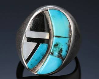 Large Zuni Inlay Turquoise Channel Jet & Mop Sterling Ring SZ: 10.25 Native American Jewelry