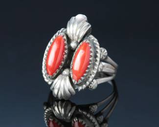 Navajo Tully Sam Silver & Coral Ring SZ: 7.5 Native American Jewelry