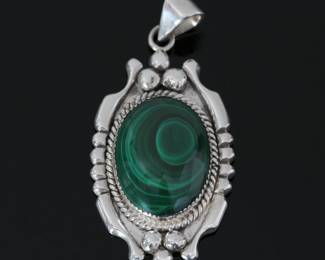 Navajo Sterling Silver & Malachite Pendant Signed Native American Jewelry