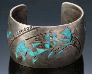 Vintage Navajo Hopi Silver Overlay & Turquoise Inlay Cuff Bracelet SIGNED SZ: 7 Native American Jewelry