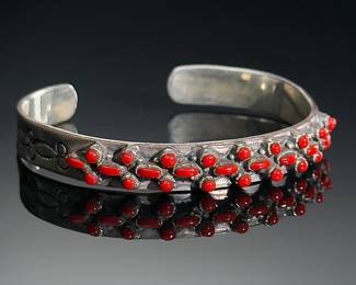 Vintage Navajo Silver & Red Coral Cuff Bracelet Signed Native American Jewelry