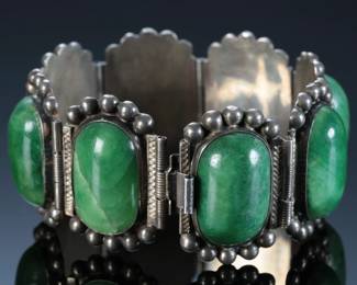 Vintage Mexican Silver & Aventurine Stone Hinged Panel Bracelet