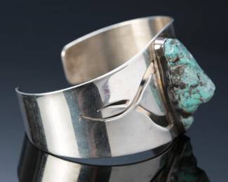 Modern Navajo Silver & Turquoise Chunk Cuff Bracelet SZ: 6.5 SIGNED SKS Native American Jewelry