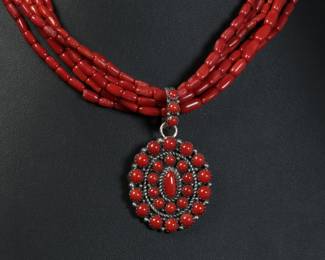 Navajo Leonard Jim Red Coral & Silver Multi Strand Necklace. Native American Jewelry